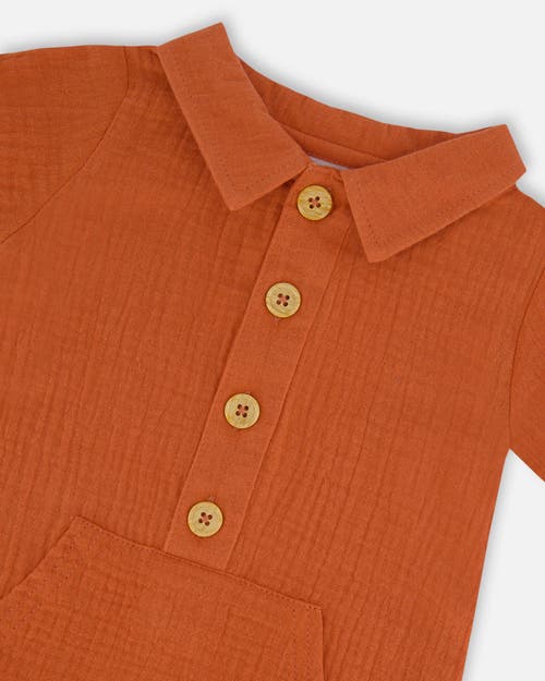Deux Par Deux Baby Boy's Short Sleeve Muslin Romper Terracotta In Terracotta