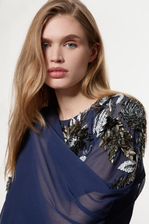 Karen Millen Floral 3d Cape Sleeve Maxi Dress In Blue