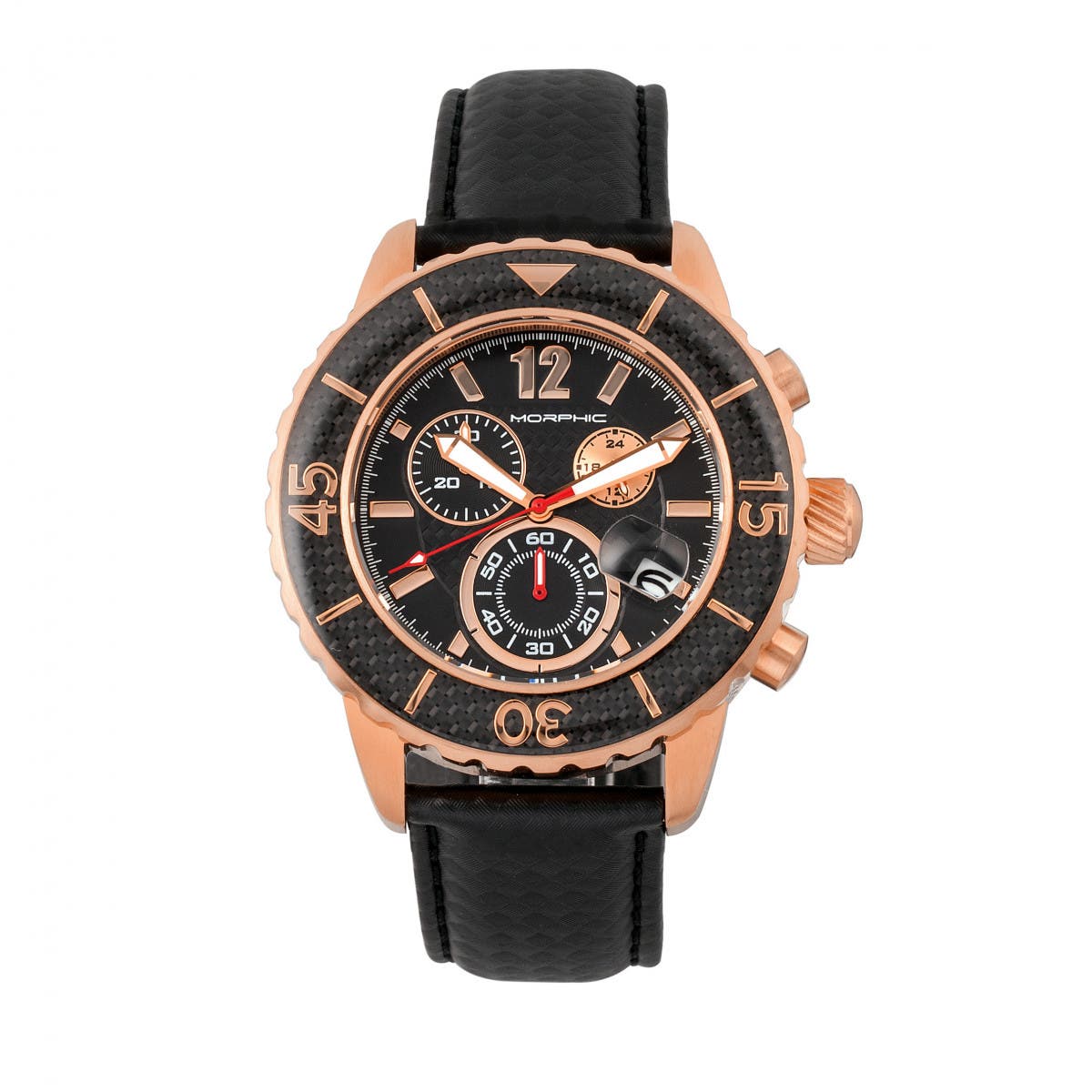 Morphic M51 Series Chronograph Leather-Band Watch w/Date in Rose Gold/black 