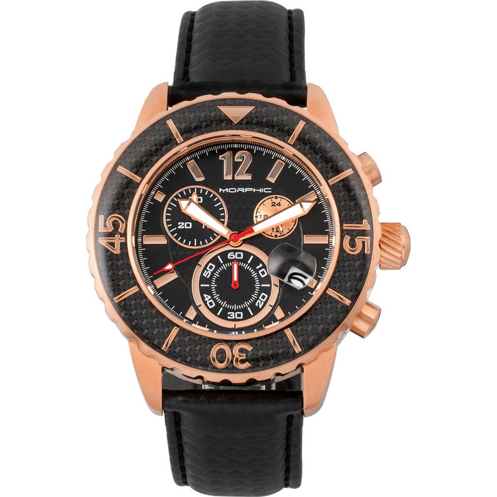 Morphic M51 Series Chronograph Leather-band Watch W/date In Rose Gold/black