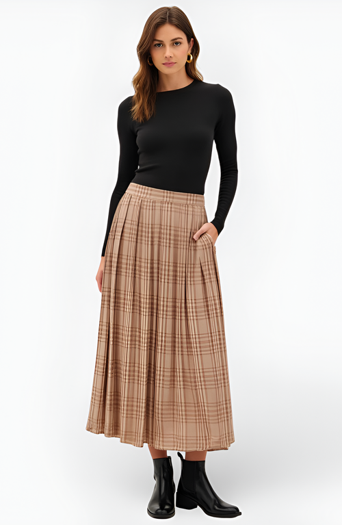 Modenaire Plaid Pleated Maxi Skirt With Elastic Waistband In Brown