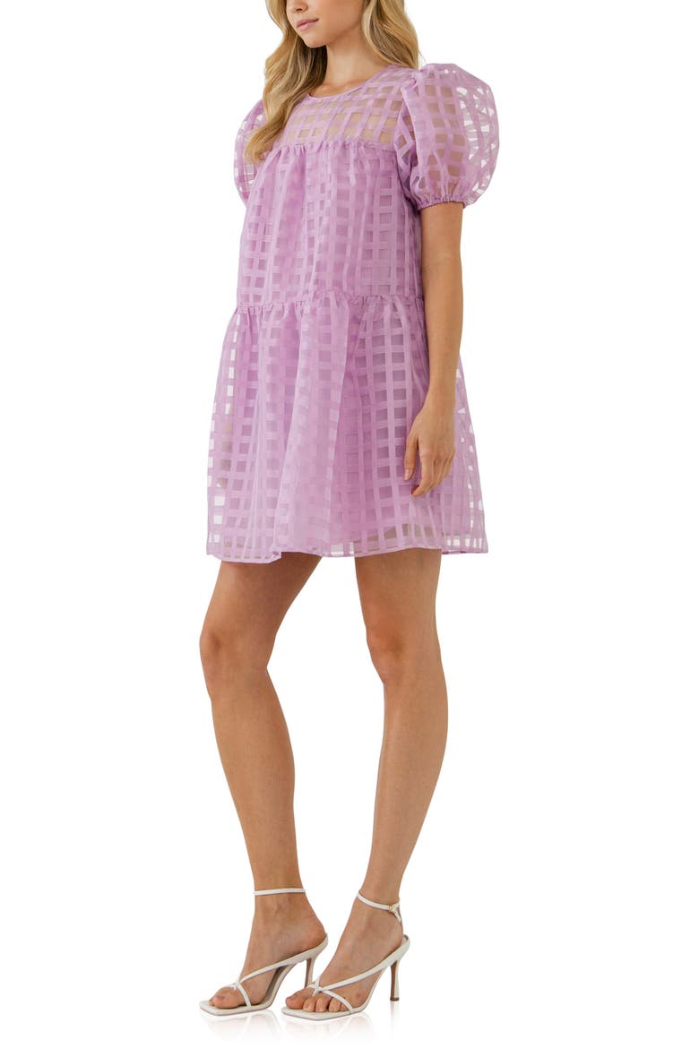 Gridded Puff Sleeve Dress, Alternate, color, LILAC