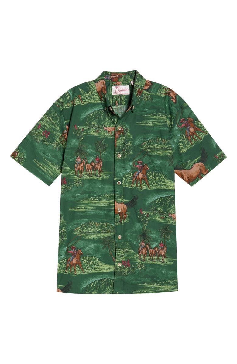 Kahala Paniolo Country Print Cotton Short Sleeve Button-Down Shirt, Alternate, color, Meadow