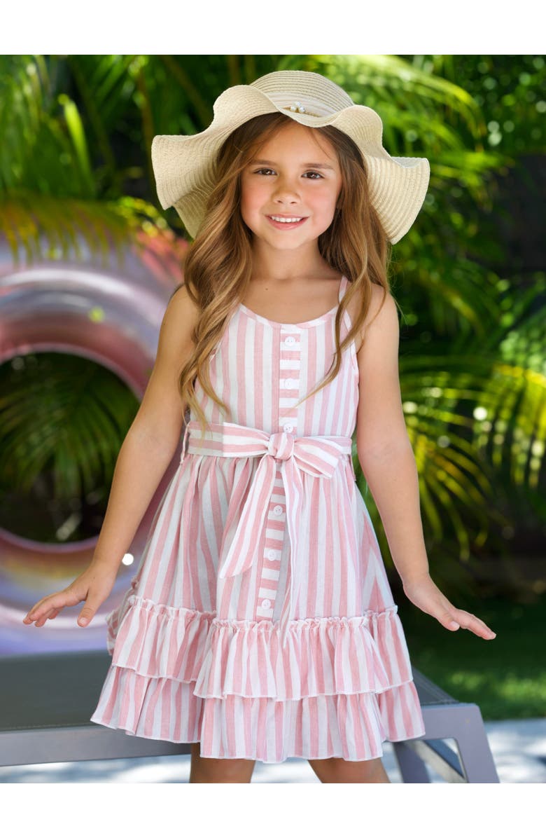 Mia Belle Girls Girls Pink Candy Stripe Button-Up Linen Ruffle Dress, Alternate, color, Pink