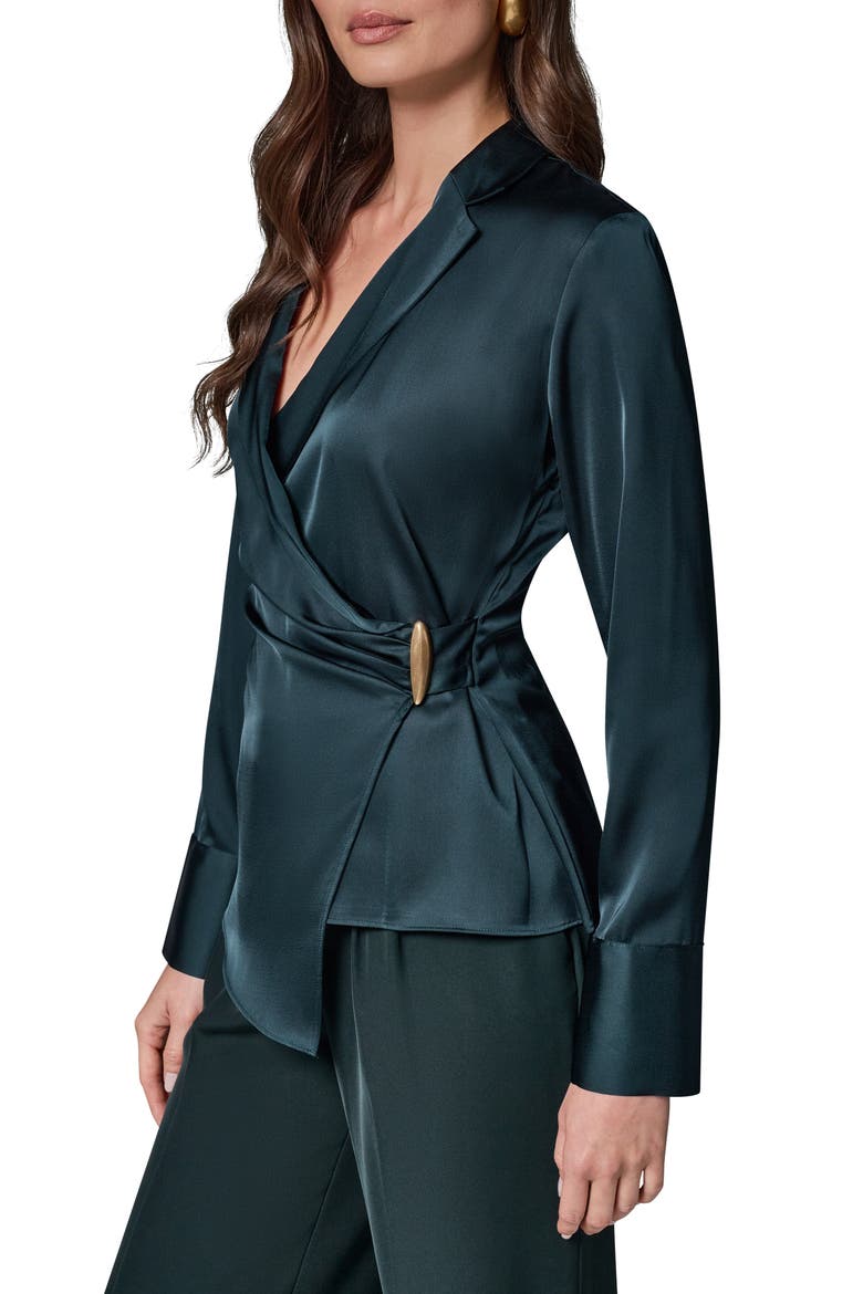 Buckle Detail Long Sleeve Satin Wrap Top, Alternate, color, BLK FOREST