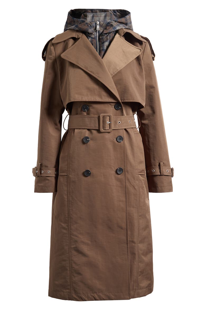 Crinkled Nylon Trench Coat with Hooded Bib Inset, Alternate, color, MOSS PLAID