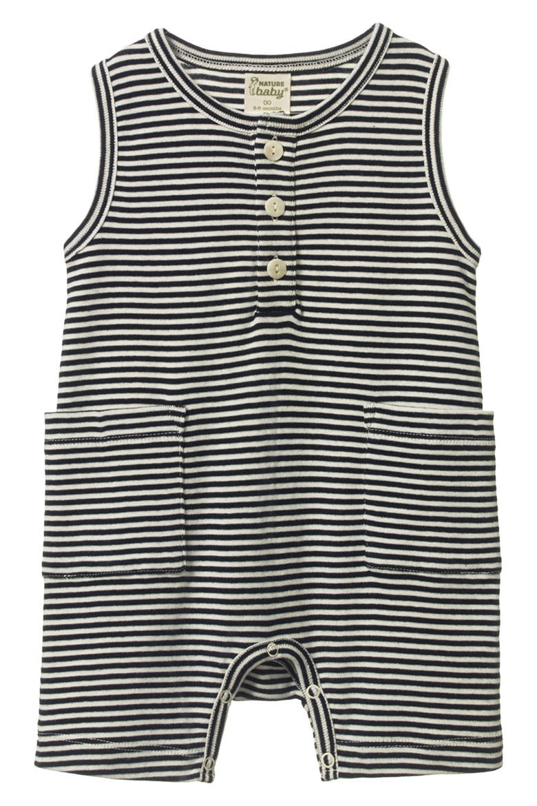Camper Organic Cotton Romper, Main, color, NAVY STRIPE