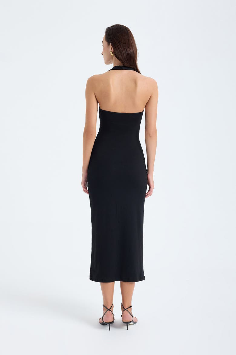 Orion Halter Neck Cotton Bodycon Midi Dress, Alternate, color, Black