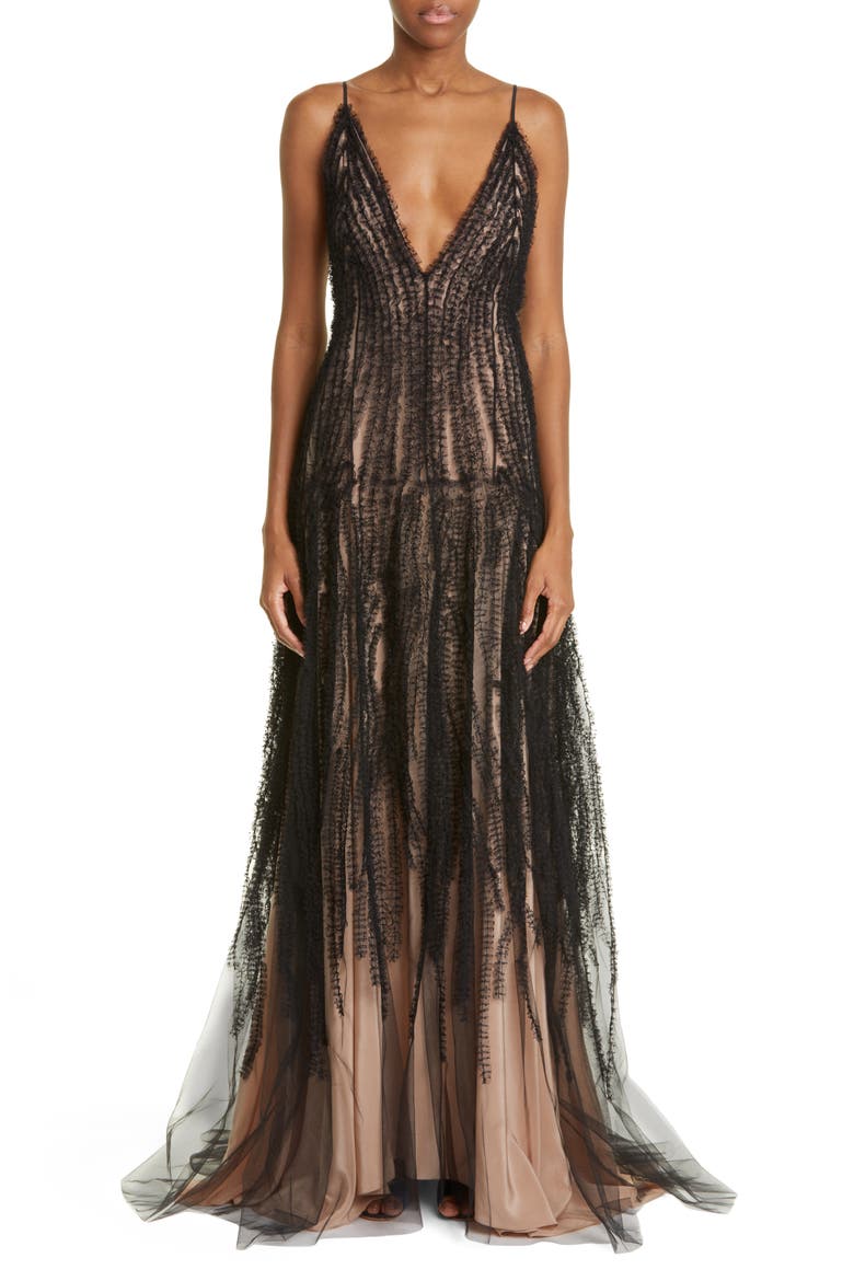Embroidered Ruffle Plunge Neck Gown, Main, color, BLACK