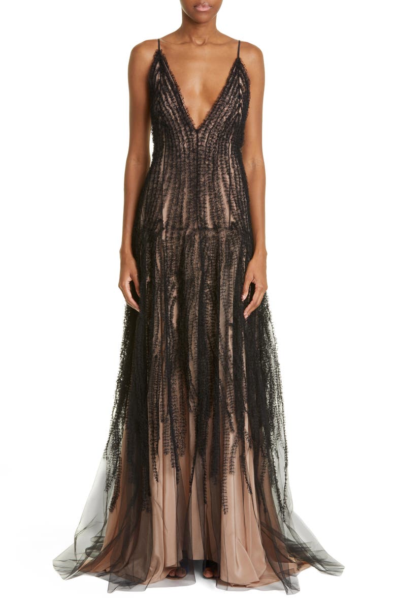 Jason Wu Collection Embroidered Ruffle Plunge Neck Gown, Main, color, 
