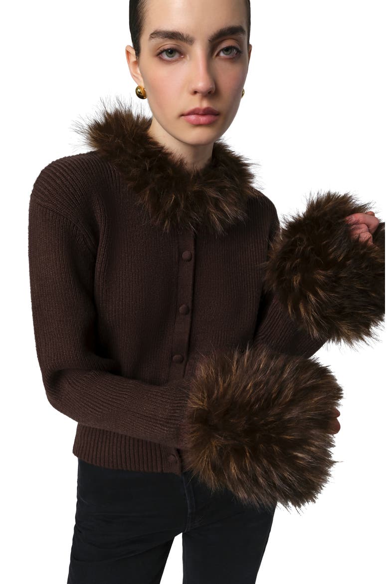 Rosa Pluche™ Faux Fur Trim Cardigan, Alternate, color, DARK BROWN / DARK BROWN