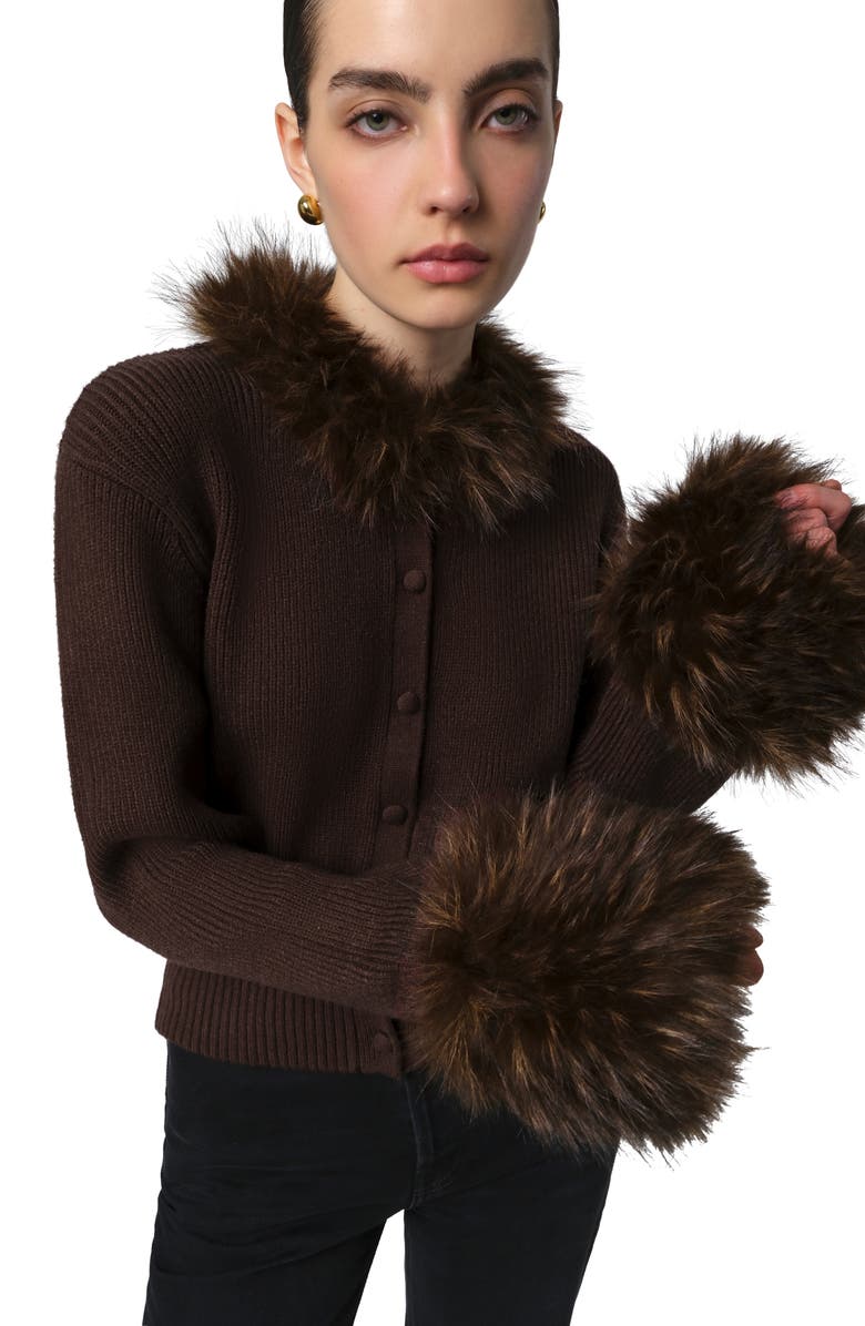 Apparis Rosa Pluche<sup>™</sup> Faux Fur Trim Cardigan, Alternate, color, Dark Brown / Dark Brown