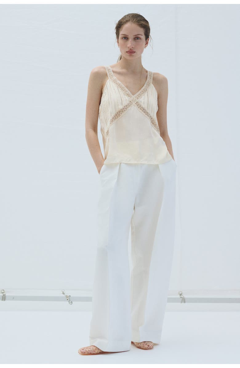 H&M Lace-trimmed Pintucked Top, Alternate, color, Light Beige