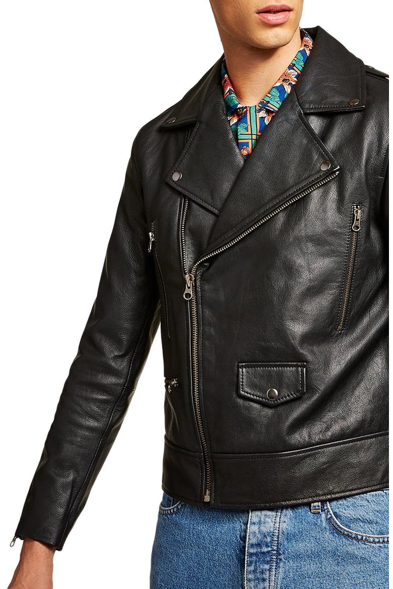 Classic Fit Leather Biker Jacket, Main, color, BLACK