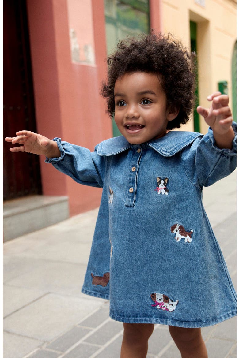 Kids' Dog Embroidered Denim Dress, Alternate, color, BLUE