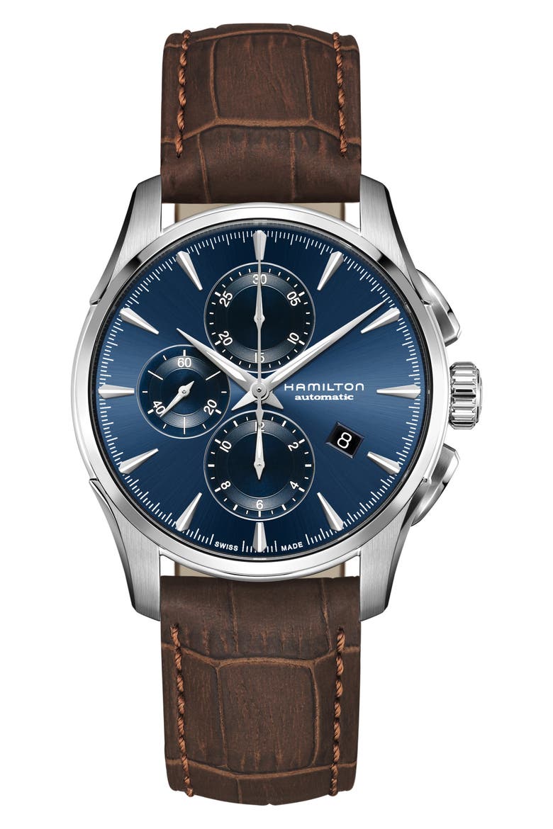 Jazzmaster Multifunction Automatic Leather Strap Watch, 42mm, Main, color, BROWN/ BLUE/ SILVER