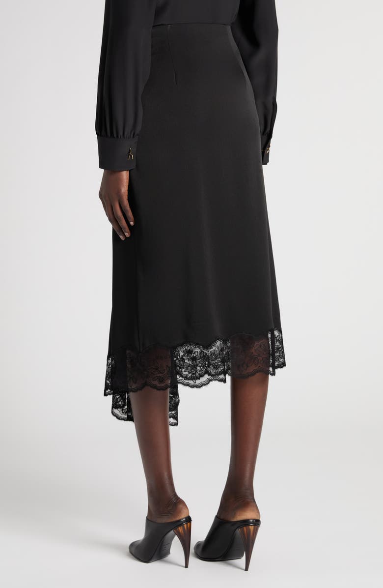 McQueen Lace Trim Asymmetric Silk Skirt, Alternate, color, Black