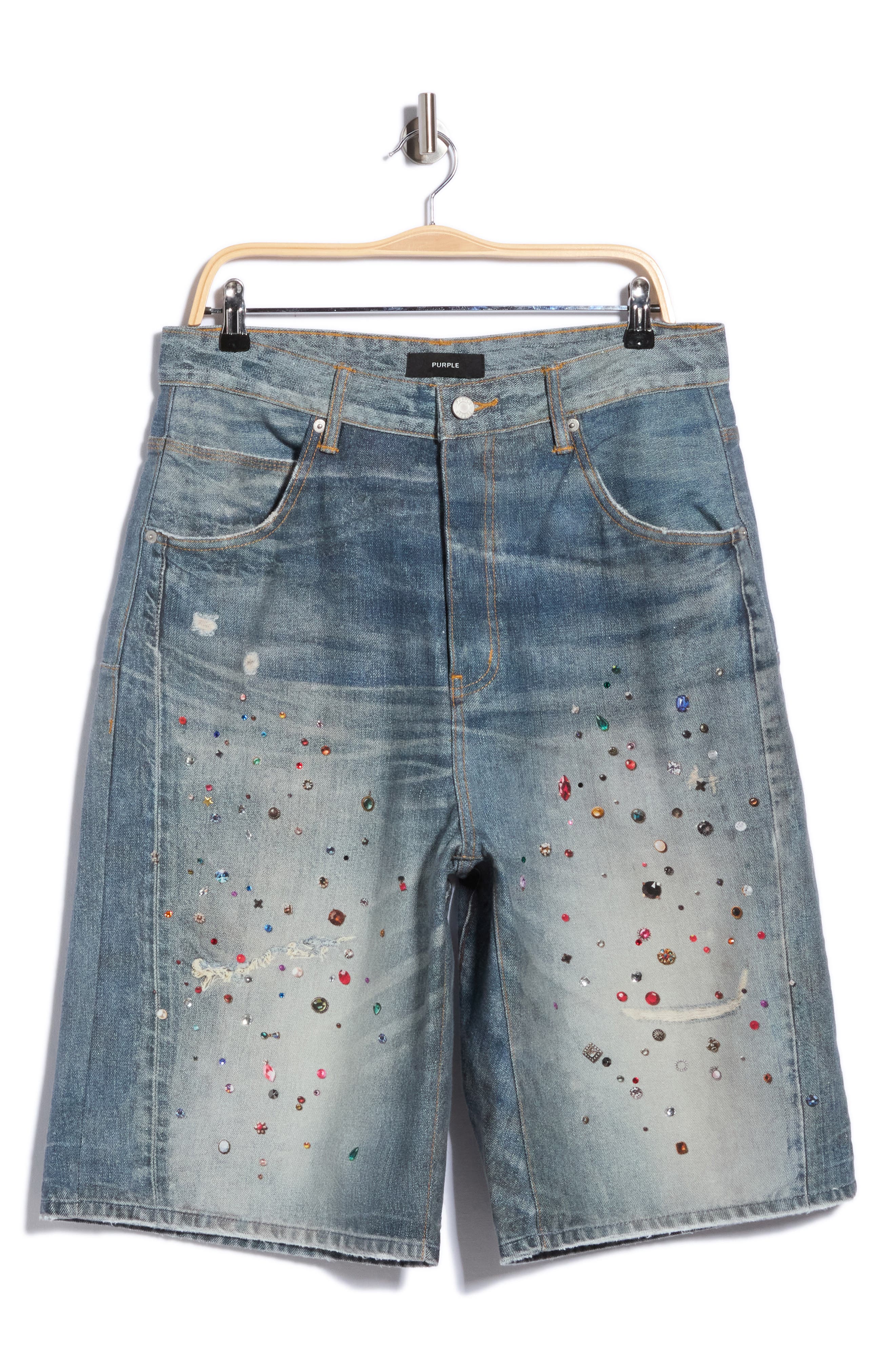 Cyanine Jewel Embellished Long Denim Shorts