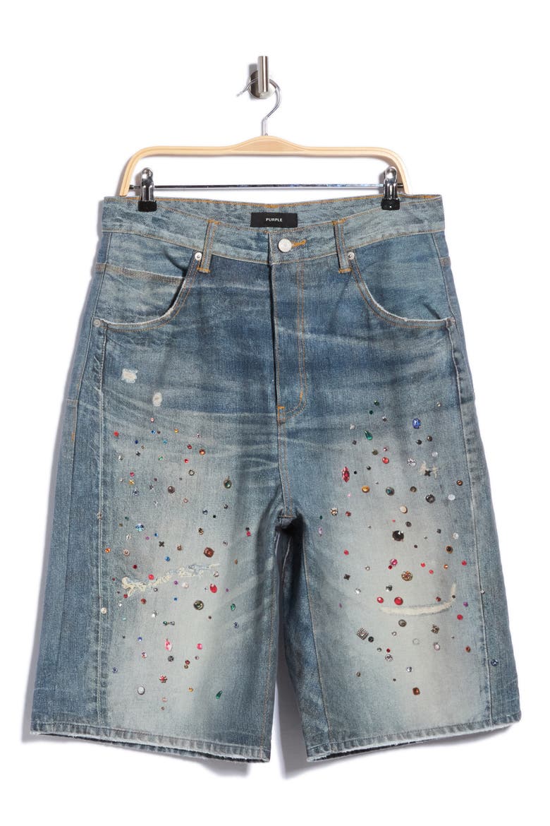 Cyanine Jewel Embellished Long Denim Shorts, Main, color, LIGHT INDIGO