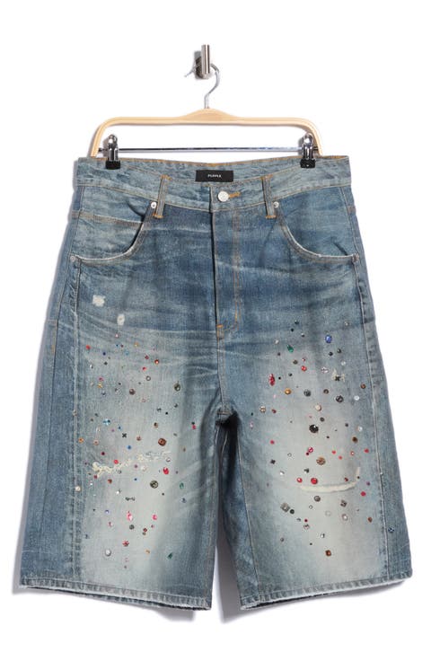 Cyanine Jewel Embellished Long Denim Shorts