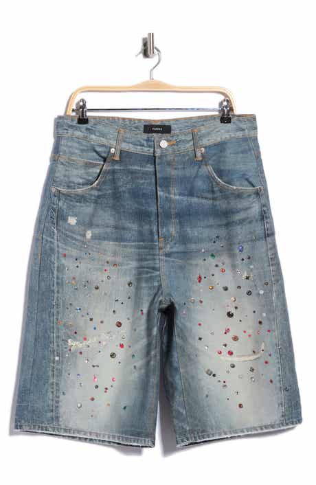 Cyanine Jewel Embellished Long Denim Shorts
