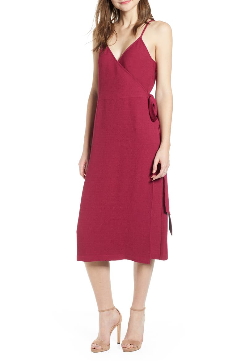 Crepe Wrap Midi Dress, Main, color, BURGUNDY PLUM