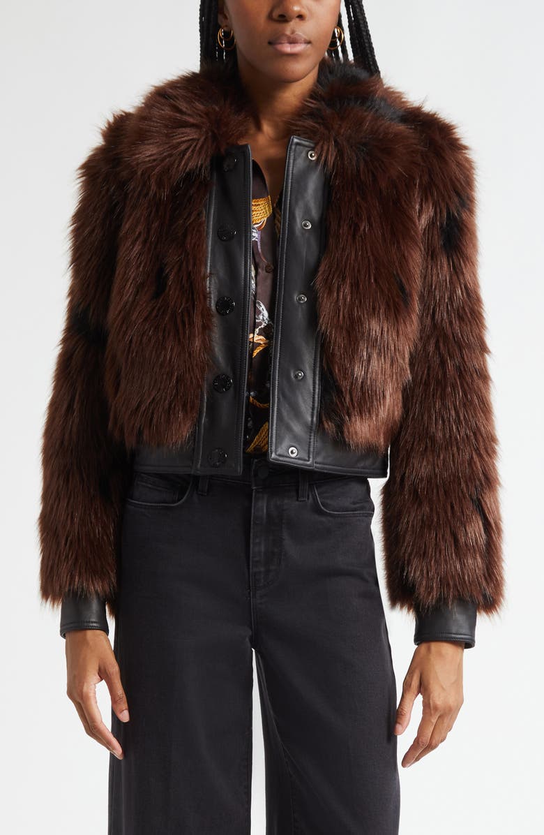 L'AGENCE Claira Faux Leather Trim Faux Fur Jacket, Main, color, Coffee Bean