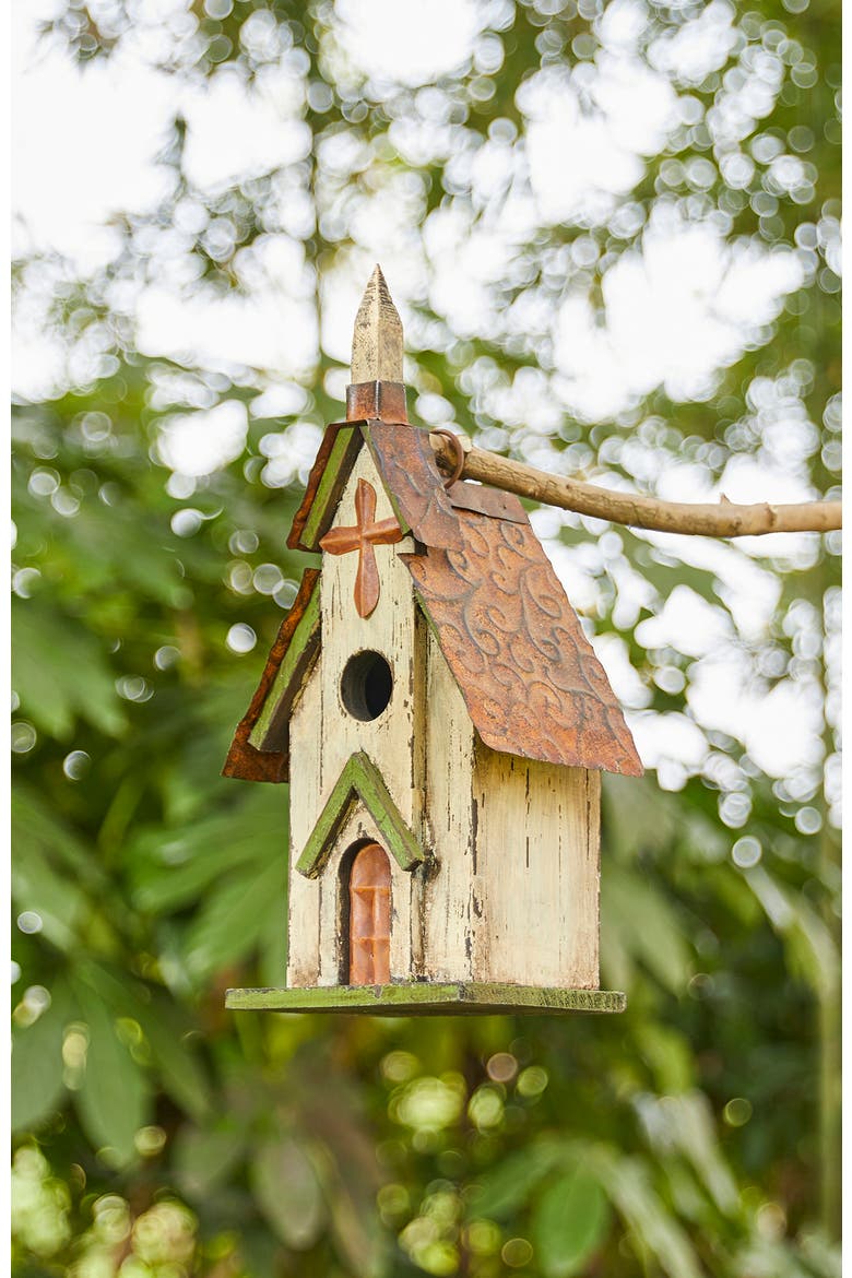 14"H Distressed Solid Wood Church Birdhouse, Alternate, color, Green