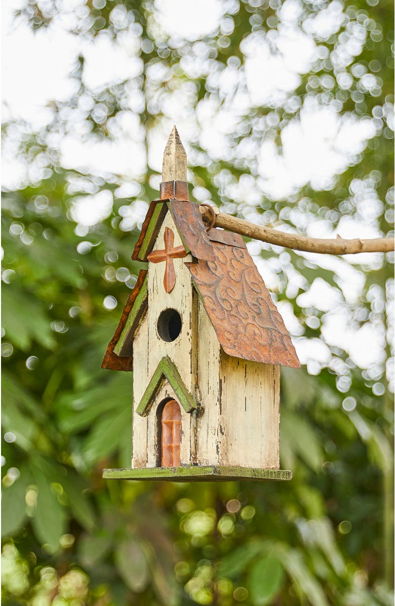 Glitzhome 14"H Distressed Solid Wood Church Birdhouse, Alternate, color, Green