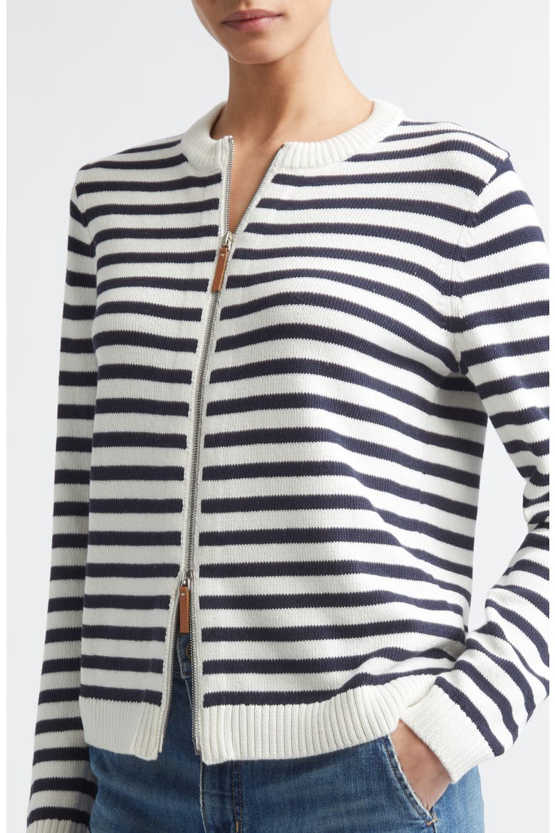 Stripe Cotton & Silk Zip Cardigan, Alternate, color, CLOUD/ INK