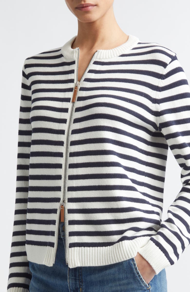 Lafayette 148 New York Stripe Cotton & Silk Zip Cardigan, Alternate, color, Cloud/ Ink