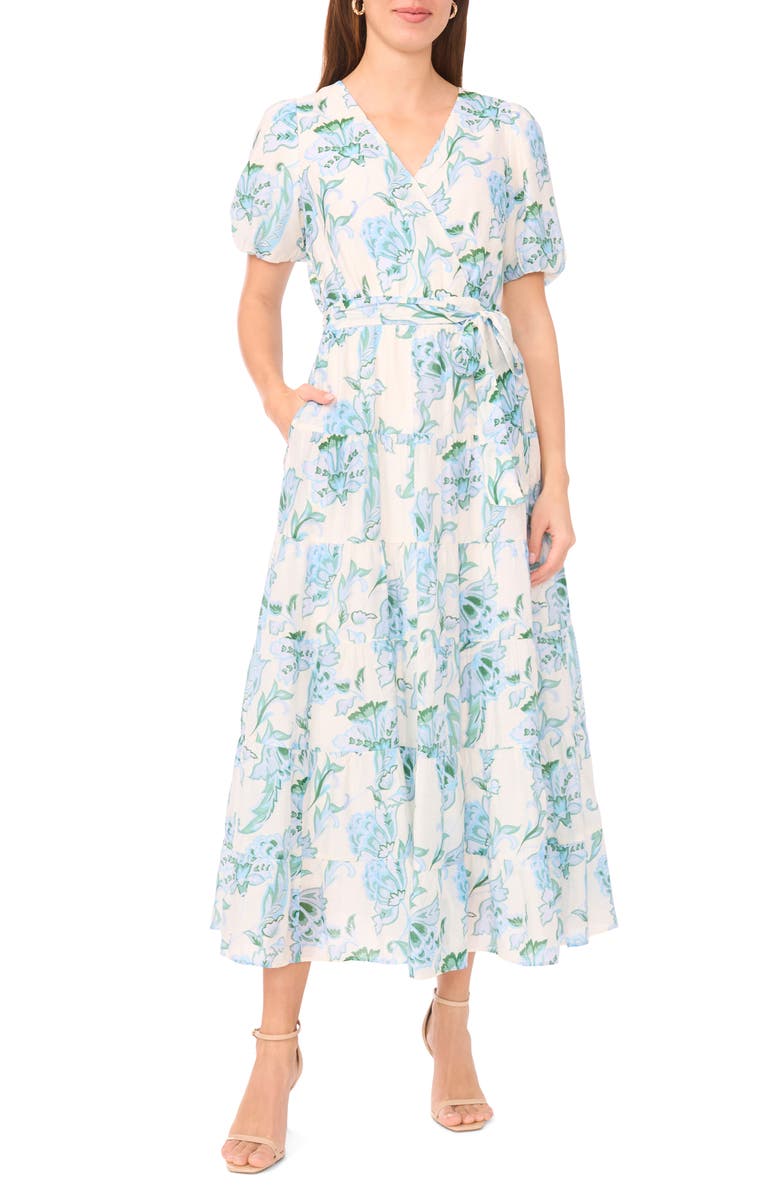 Halogen<sup>®</sup> Floral Puff Sleeve Tiered Maxi Dress, Main, color, Blue Multi
