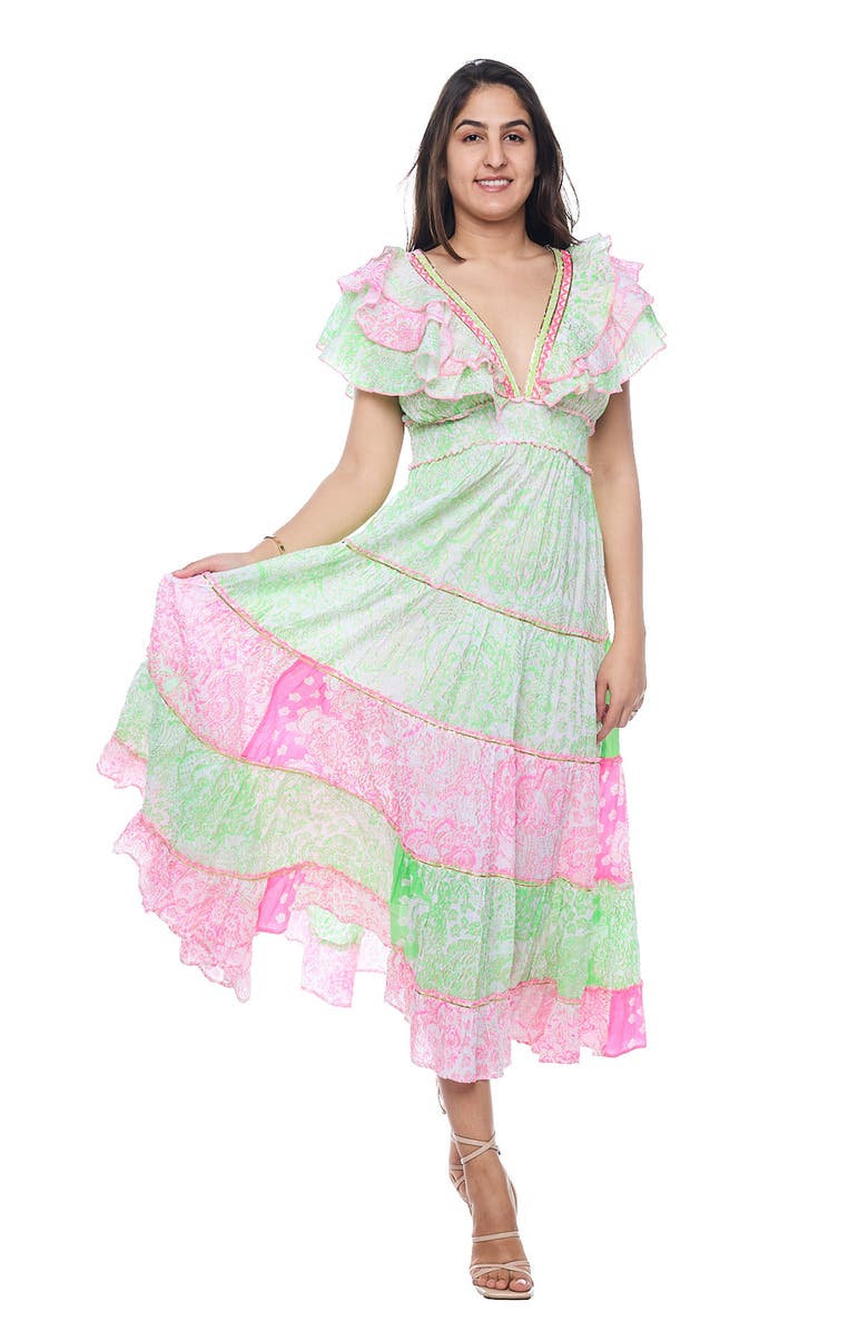 RANEES Plunge Neck Ruffle Sleeve Cotton Maxi Dress, Alternate, color, Green