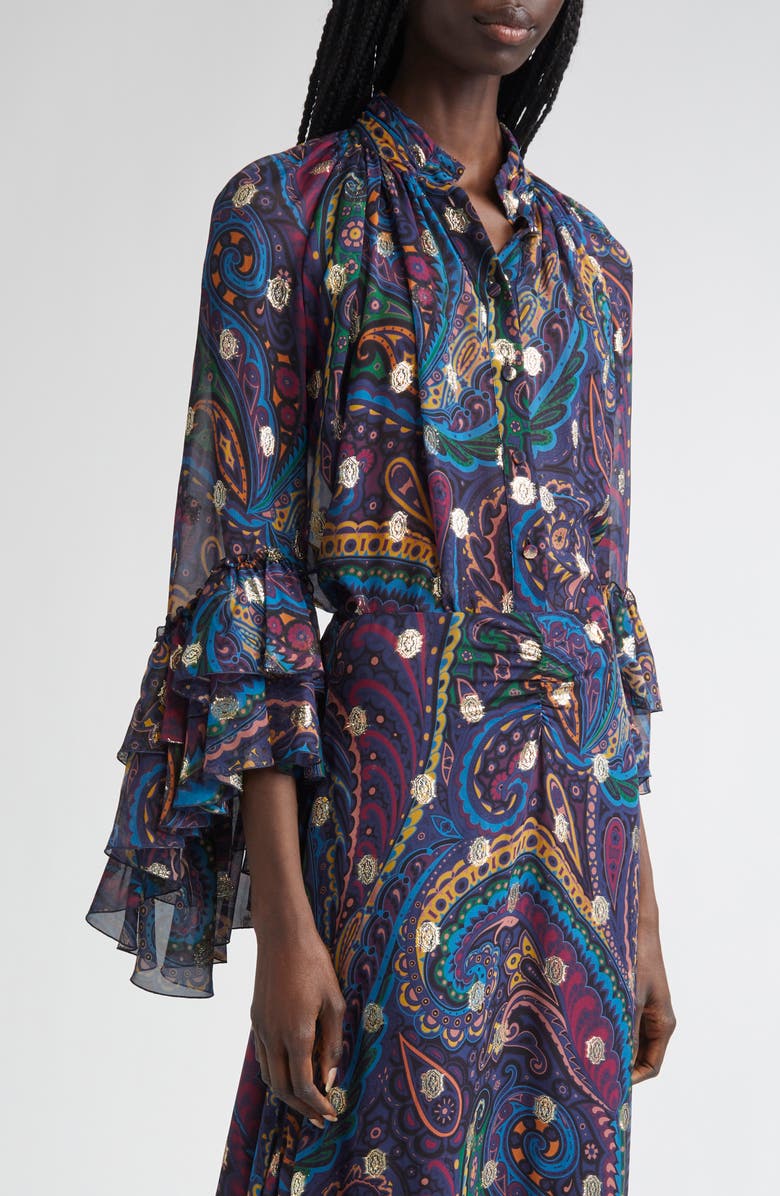 Etro Metallic Paisley Silk Shirt, Main, color, Stampa F.do Blu