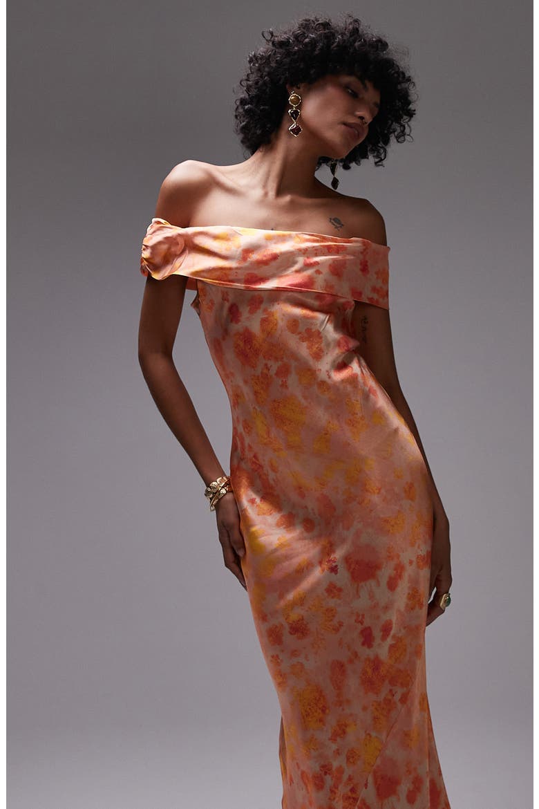 Abstract Print Off the Shoulder Satin Maxi Dress, Alternate, color, ORANGE