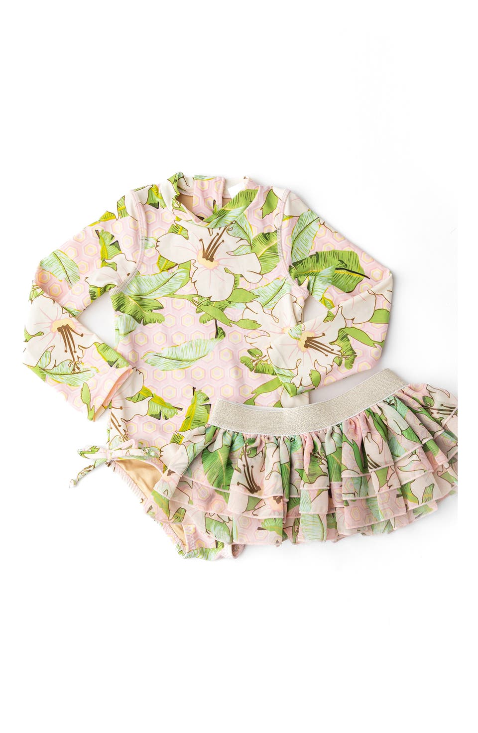 Kids' Hibiscus Botanical One-Piece UPF 50+ Rashguard Swimsuit with Skirt