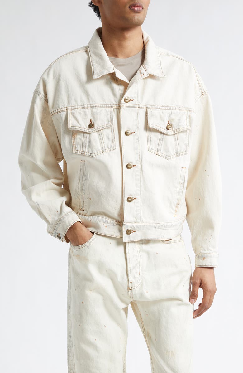 Rhude Dirtied Cotton Trucker Jacket, Main, color, Woodland White