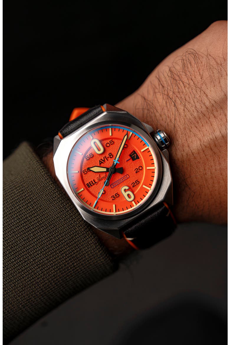 Bell X-1 Machbuster Automatic Leather/Rubber Strap Watch, 41mm, Alternate, color, ORANGE