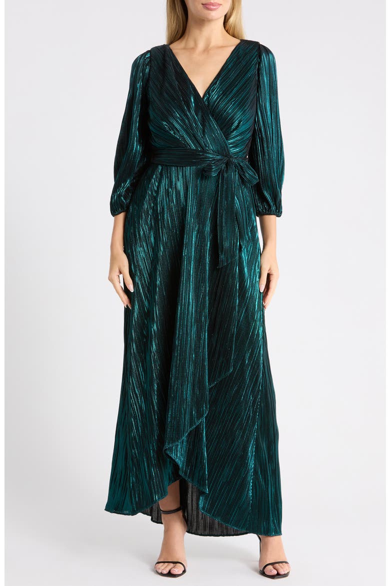 Balloon Sleeve Plissé Faux Wrap Dress, Main, color, BLACK/ TEAL