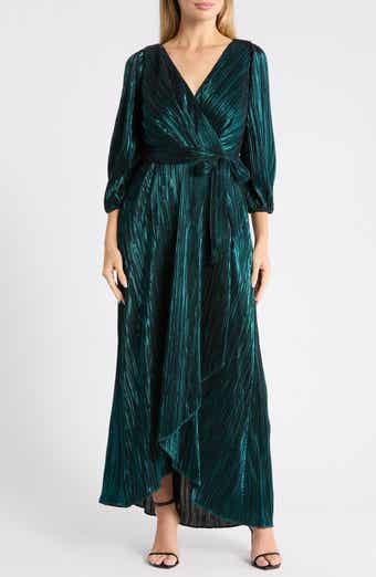 Balloon Sleeve Plissé Faux Wrap Dress
