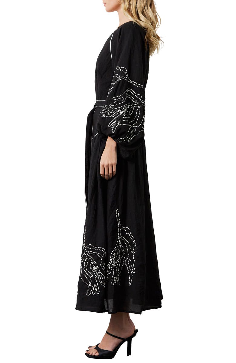 CIEBON Faye Embroidered Tie Waist Long Sleeve Maxi Dress, Alternate, color, Black