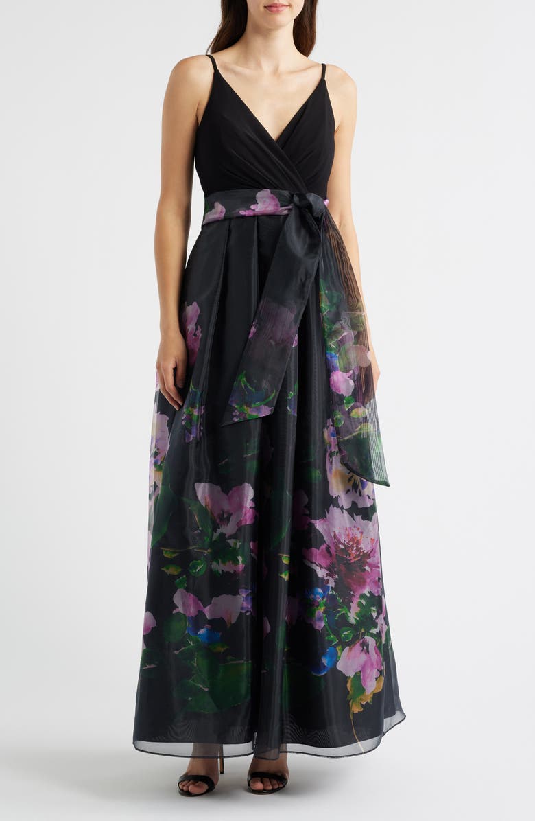 Eliza J Placed Floral Mixed Media Gown, Main, color, Black Multi