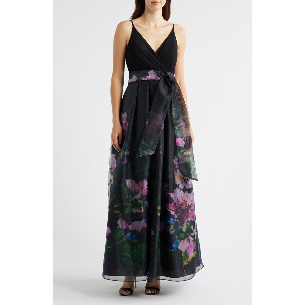 Eliza J Placed Floral Mixed Media Gown In Black