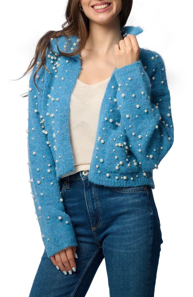SAACHI Faux Pearl Bead Open Front Cardigan, Main, color, Blue