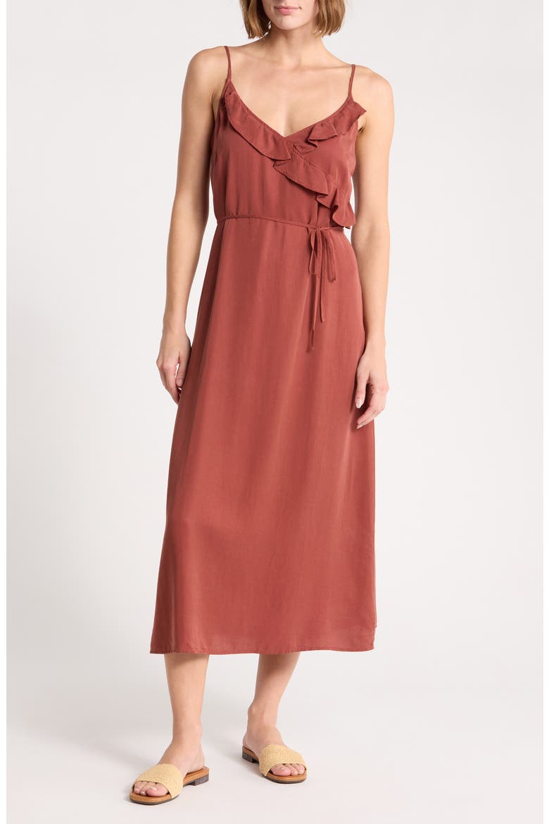 Ruflfe Faux Wrap Removable Tie Belt Midi Dress, Main, color, HARVEST RED