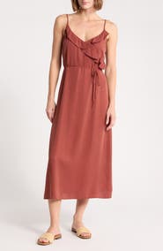 Bella Dahl Ruflfe Faux Wrap Removable Tie Belt Midi Dress