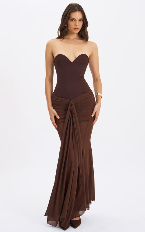 Miss Circle Giovana Sweetheart Draped Mesh Mermaid Maxi Dress In Brown
