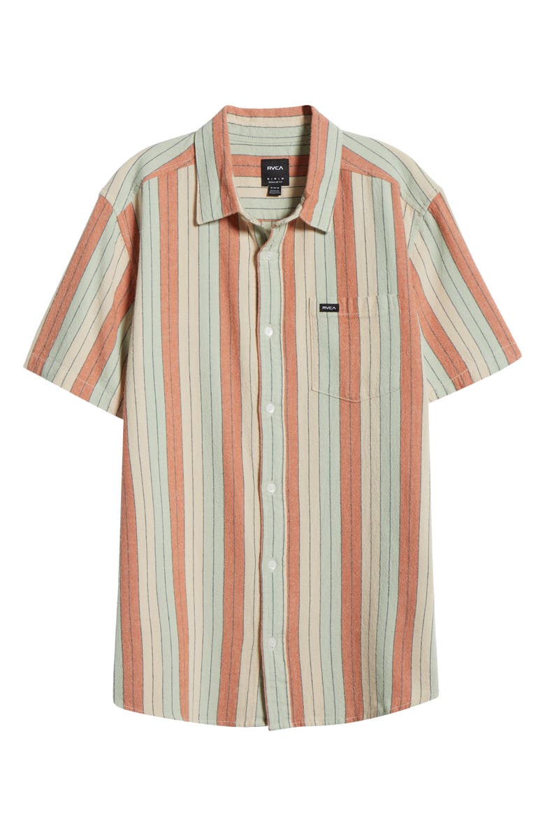 RVCA Alvarado Stripe Short Sleeve Linen Blend Button-Up Shirt, Alternate, color, Ceramic