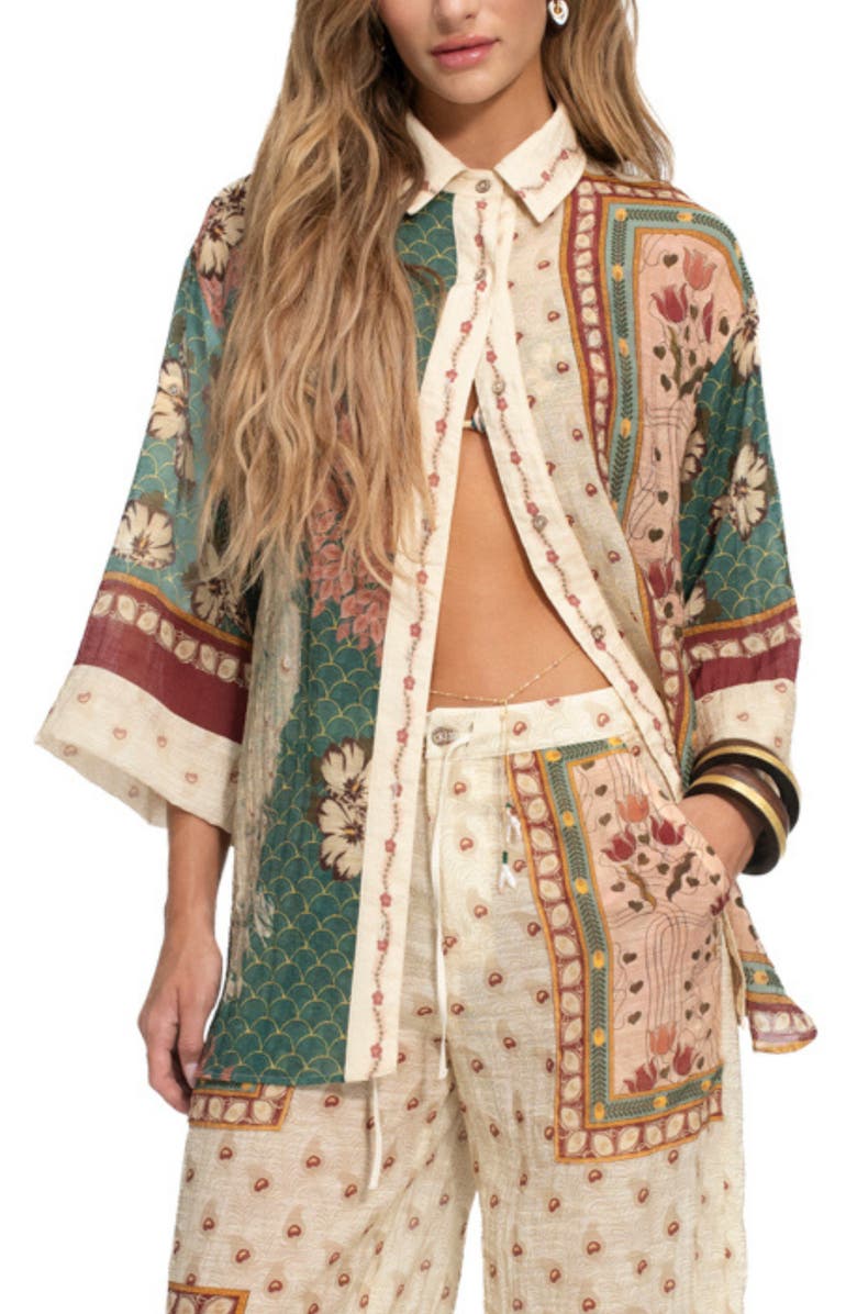 Agua Bendita Chrissy Plume Cover-Up Shirt, Main, color, Green