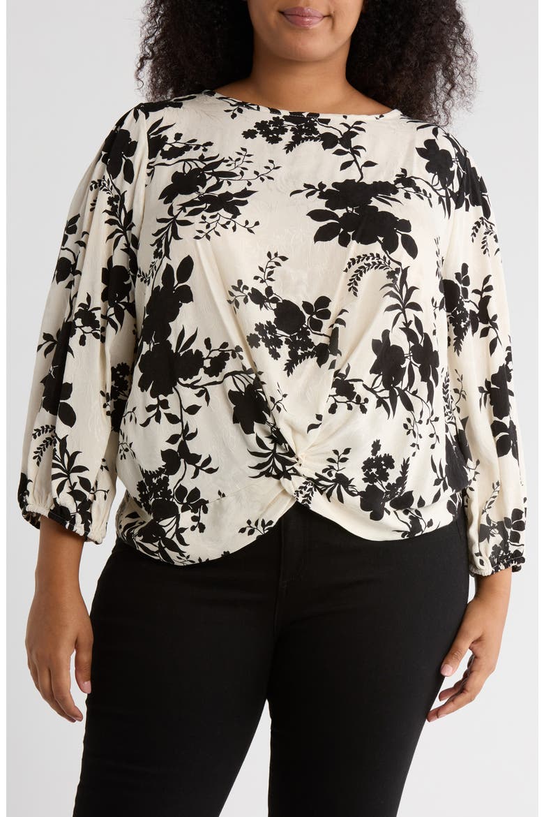 Floral Long Sleeve Twist Front Top, Main, color, IVORY